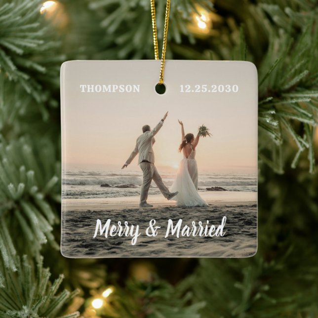 Merry & Married Newlyged Couple Photo Jul Julgransprydnad Keramik (Träd)