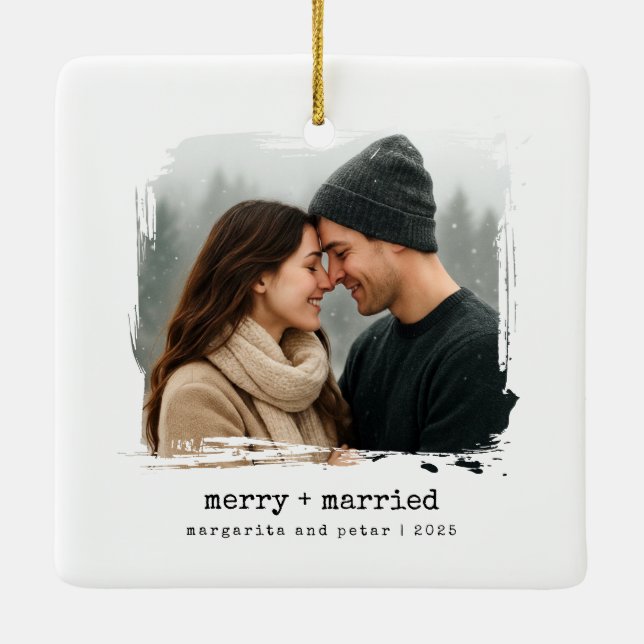 Merry + Married Newlyged First julfoto Julgransprydnad Keramik (Baksida)