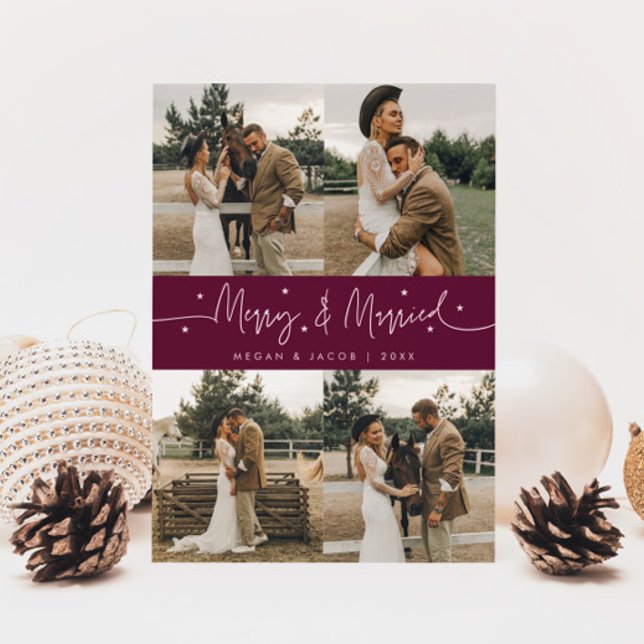 Merry & Married Newlyged Multi Photo Cranberry Julkort (Skapare uppladdad)