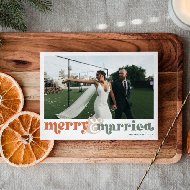 Merry & Married Newlyged Photo jul Helg Vykort (Retro Newlywed Photo Christmas Card)