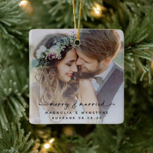 Merry & Married Newlyweds Photo Keepsak Julgransprydnad Keramik