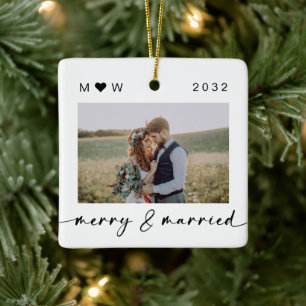 Merry & Married Newlyweds Photo Keepsak Julgransprydnad Keramik