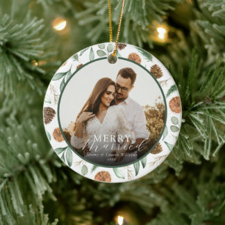 Merry & Married Newlyweds Rustic Watercolor Photo Julgransprydnad Keramik