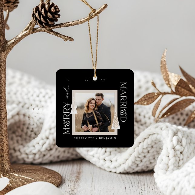 Merry & Married Photo Elegant Julgranar Julgransprydnad Keramik (Merry & Married Photo Elegant Christmas Trees Ceramic Ornament)