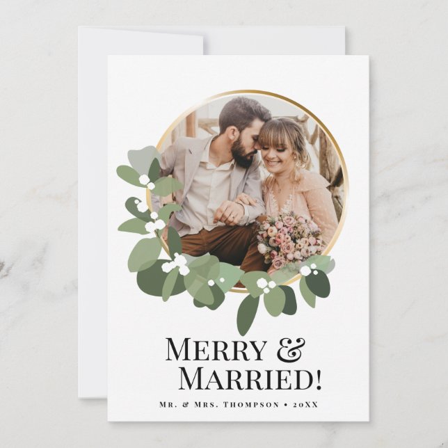 Merry & Married Photo Modern wreath Elegant Julkort (Framsida)