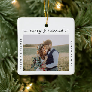 Merry & Married Photo Newlyweds Keepsaké Julgransprydnad Keramik