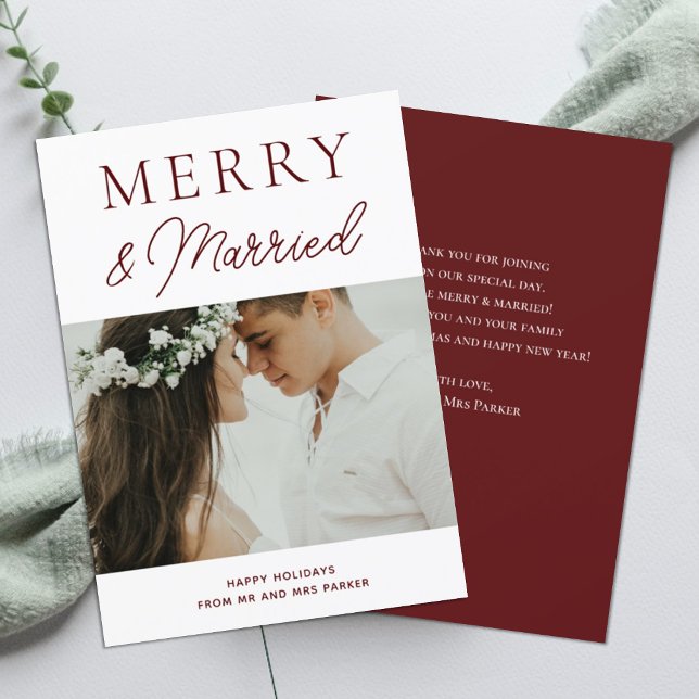 Merry Married Red Script Modern Photo jul Julkort (Skapare uppladdad)