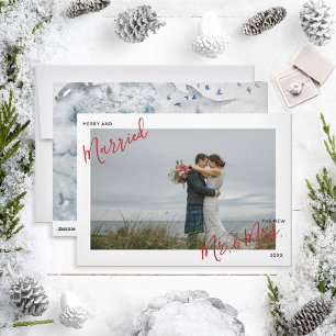 Merry & Married Red Script Mr. & Mrs Photo Julafto Julkort