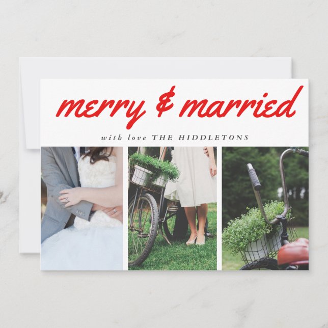Merry & Married Red Typography Three Photo Helgdag Julkort (Framsida)