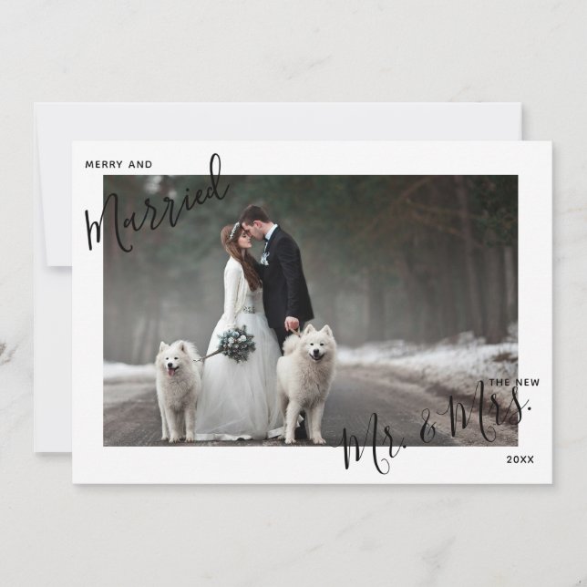 Merry & Married Script Mr. & Mrs Photo jul Julkort (Framsida)