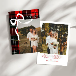Merry & Married Script Photo Christmas Tartan Bow Julkort