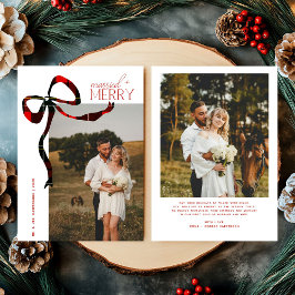 Merry & Married Script Photo Christmas Tartan Bow Julkort