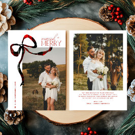 Merry & Married Script Photo Christmas Tartan Bow Julkort