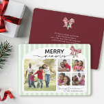 Merry Memories Photo Collage Bow-julafton Julkort<br><div class="desc">Det här vågrät med julkort har en glatt och beundransvärd samling familjefotografier som är inramade i ett mjukt, ljust grönt, strippat gräns. Överst visas frasen "MERRY-minnen" på en framträdande plats, där ett fet, festivt teckensnitt blandas med ett skript för elegant. Ett band för rosa och grönt ger en munter helgdag...</div>