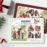 Merry Memories Photo Collage Bow-julafton Julkort<br><div class="desc">Det här vågrät med julkort har en glatt och beundransvärd samling familjefotografier som är inramade i ett mjukt, ljust grönt, strippat gräns. Överst visas frasen "MERRY-minnen" på en framträdande plats, där ett fet, festivt teckensnitt blandas med ett skript för elegant. Ett band för rosa och grönt ger en munter helgdag...</div>