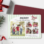 Merry Memories Photo Collage Bow-julafton Julkort<br><div class="desc">Det här vågrät med julkort har en glatt och beundransvärd samling familjefotografier som är inramade i ett mjukt, ljust grönt, strippat gräns. Överst visas frasen "MERRY-minnen" på en framträdande plats, där ett fet, festivt teckensnitt blandas med ett skript för elegant. Ett band för rosa och grönt ger en munter helgdag...</div>