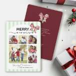 Merry Memories Photo Collage Message Bow Jul Julkort<br><div class="desc">Julkortet har en glatt och beundransvärd samling familjefotor som är inramade i ett mjukt, ljust grönt, randigt gräns. Överst visas frasen "MERRY-minnen" på en framträdande plats, där ett fet, festivt teckensnitt blandas med ett skript för elegant. Ett rött band och en grönt av band ger en glad helgdag i hörnet...</div>