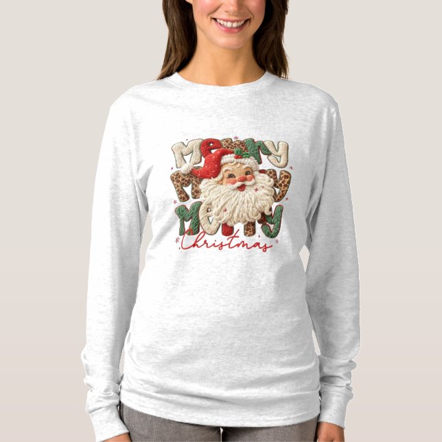 Merry Merry Merry Christmas– Faux Embroidery Santa T Shirt (Framsida)