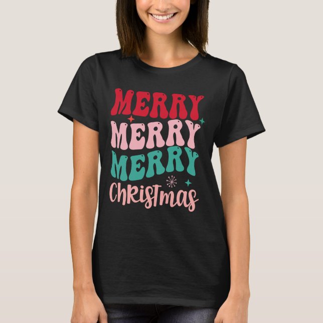 Merry Merry Merry Christmas Retro T Shirt (Framsida)