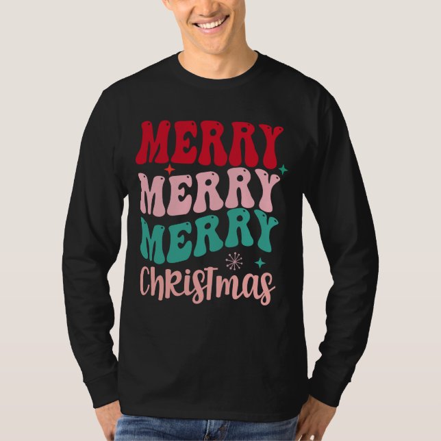 Merry Merry Merry Christmas Retro T Shirt (Framsida)