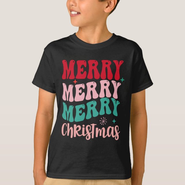 Merry Merry Merry Christmas Retro T Shirt (Framsida)