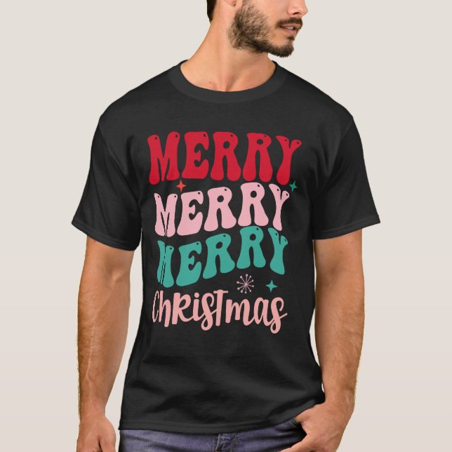 Merry Merry Merry Christmas Retro T Shirt (Framsida)