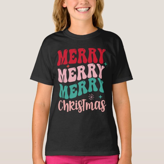 Merry Merry Merry Christmas Retro T Shirt (Framsida)