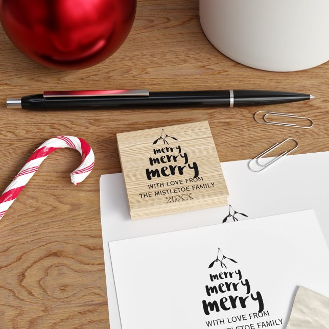 Merry Mistletoe Family Namn jul Rubber Frimärke Stämpel (Merry Mistletoe Rubber Stamp with space for your family name and year)