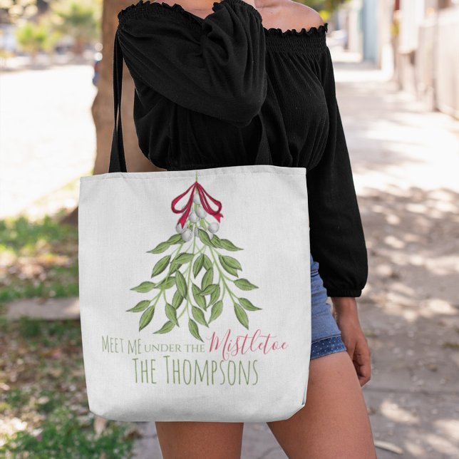 Merry Mistletoe med White Berries Tygkasse (Meet me under the mistletoe holiday tote bag)