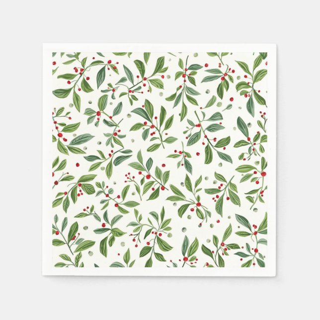 Merry Mistletoe Red Berry White Watercolor Pappersservett (Framsidan)