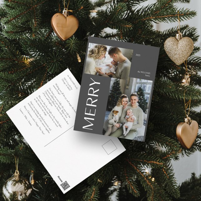Merry Modern Grått 2 Fotojul Helg Vykort (Spread Cheer! Customize Your 'MERRY' Photo Holiday Card 📷🎄 [Upload Here])