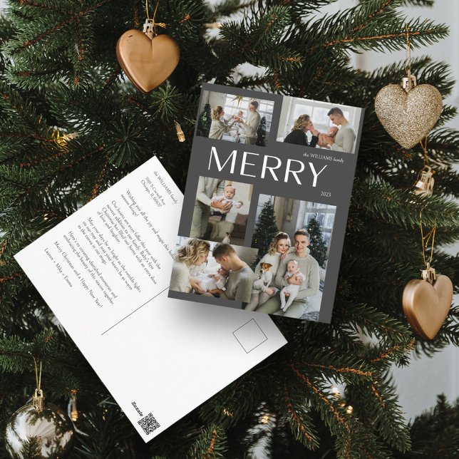 Merry Modern Grått 5 Photo jul Helg Vykort (Spread Cheer! Customize Your 'MERRY' Photo Holiday Card 📷🎄 [Upload Here])
