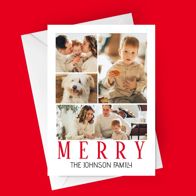 Merry Modern Photo Collage Julkort (Modern Merry Photo College Christmas Card | Family Photo Card | Holiday Card | 4 Photos)