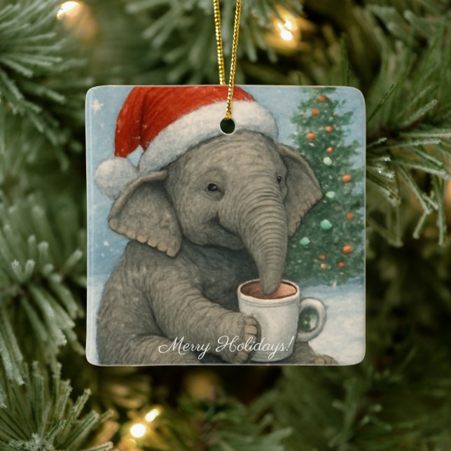 Merry Moments with a Cocoa-Loving Elephant Holiday Julgransprydnad Keramik (Träd)