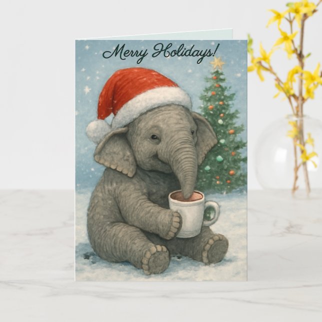 Merry Moments with a Cocoa-Loving Elephant Holiday Kort (Gul blomma)