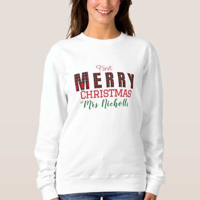 MERRY Mrs. Royal Stewart Red 1st Christmas Plaid T Shirt (Framsida)
