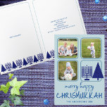 Merry Navy Intertrust Cute Handwrite 3 Photo Helgkort<br><div class="desc">Anpassningsbar Merry Lycklig Chrismukkah Julhälsningar kort som innehåller dina foton är ett sött sätt att sprida helgdag under helgdagarna. Den här unika designen är skapat med interreligiösa familjer i åtanke och omfattar roligt avslappnad handskriven stil typsnitt mörk blått på ljusblå bakgrund, tre av dina favoritfoton och en modern Hanukkah Menorah...</div>