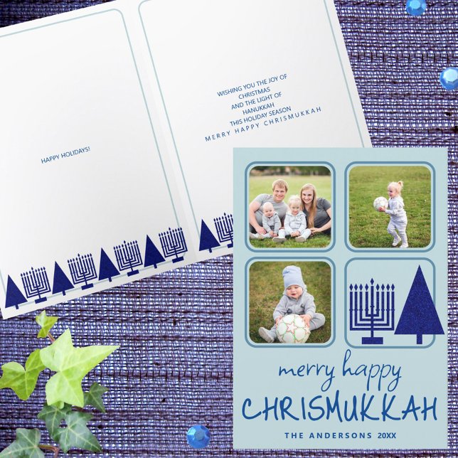 Merry Navy Intertrust Cute Handwrite 3 Photo Helgkort (Folded interfaith holiday cards with your photos and custom text are easy to personalize)