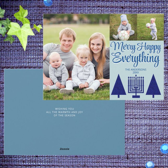 Merry Navy Intertrust Träd Menorah Cute 3 Photo Julkort (Add your photos to these cute Merry Happy Everything holiday cards)