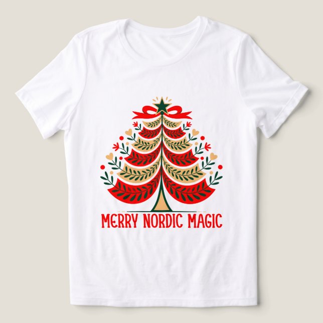 Merry Nordic Magic Folk Art Christmas Tree T Shirt (Design Framsida)
