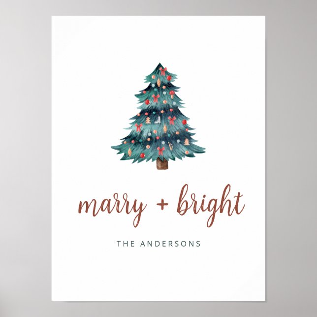 Merry och Bright | Boho Julgran och skript Poster (Framsidan)