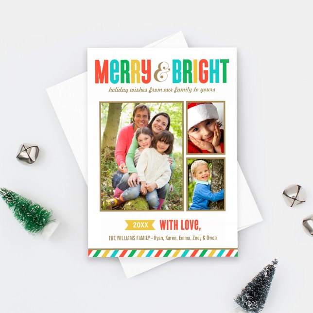 Merry och Bright Bold Färg och Rand Photo Julkort (Skapare uppladdad)