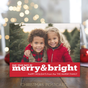 Merry och Bright Bold Modern Photo - rött vitt Helg Vykort