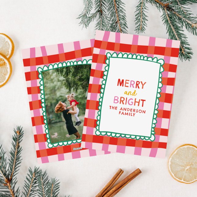 Merry och Bright Colorful Gingham, eget namn Julkort (Skapare uppladdad)
