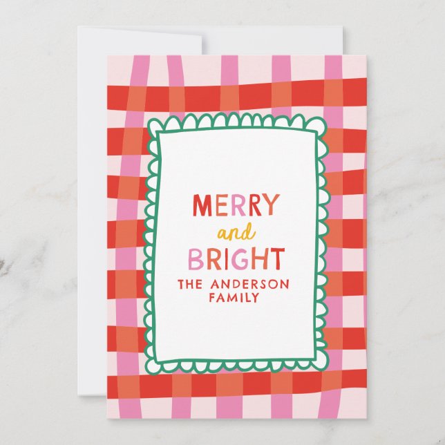 Merry och Bright Colorful Gingham, eget namn Julkort (Framsida)