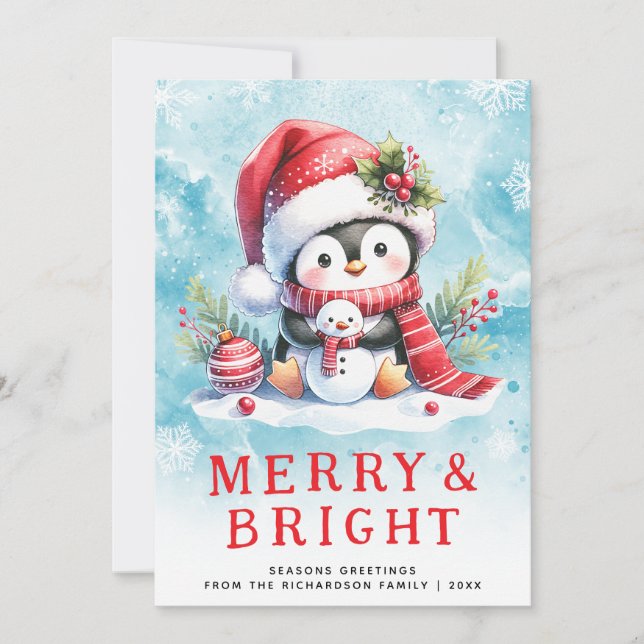 Merry och Bright Cute Penguin Blue Red God God God Julkort (Framsida)