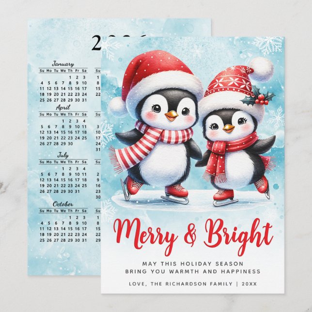 Merry och Bright Cute Penguin Blue Red God God God Julkort (Fram/baksida)
