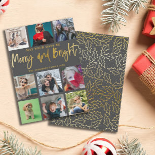 Merry och Bright Faux Guld 9 Fotojul Julkort