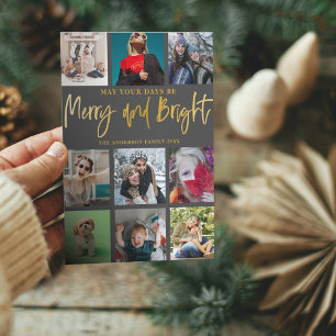 Merry och Bright Faux Guld 9 Fotojul Julkort