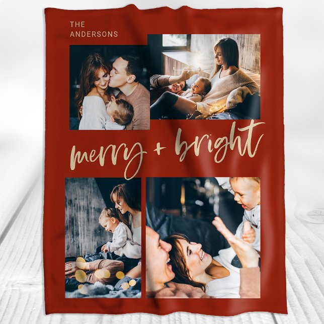 Merry och Bright | Flerfoto Grid jul Fleecefilt (A colorful, festive Christmas blanket in festive red with modern gold typography and four photos)
